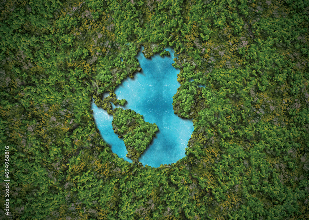 Green World Map 3D tree or forest shape of world map isolated on white