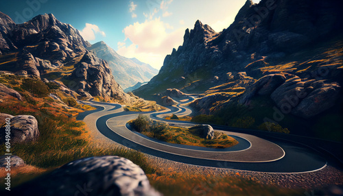 Trip on a bicycle or motorcycle through picturesque mountain serpentines and panoramic roads. background, Ai generated image