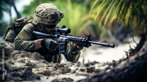 Photo Soldier with camouflage and weapon on the beach coast background.