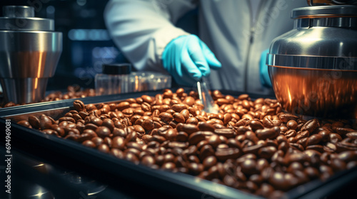 Premium Coffee testing and quality checking in a lab with brown raw coffee beans samples and scientist hands with light blue color gloves 