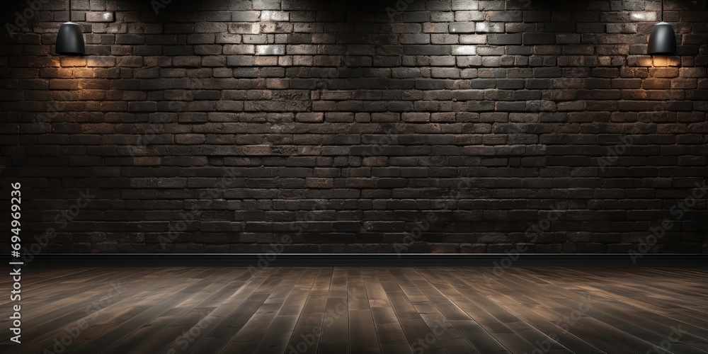 Large room with dark wooden floors and a black brick wall with texture. - obrazy, fototapety, plakaty 