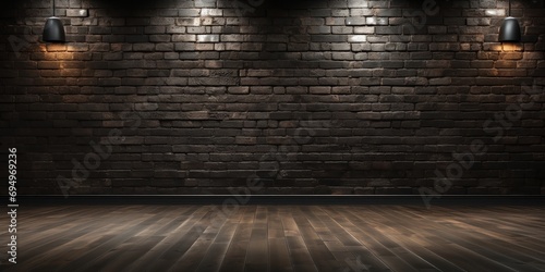 Large room with dark wooden floors and a black brick wall with texture. photo