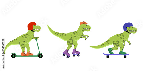 Set of riding tyrannosauruses. Funny predators in doodle style.