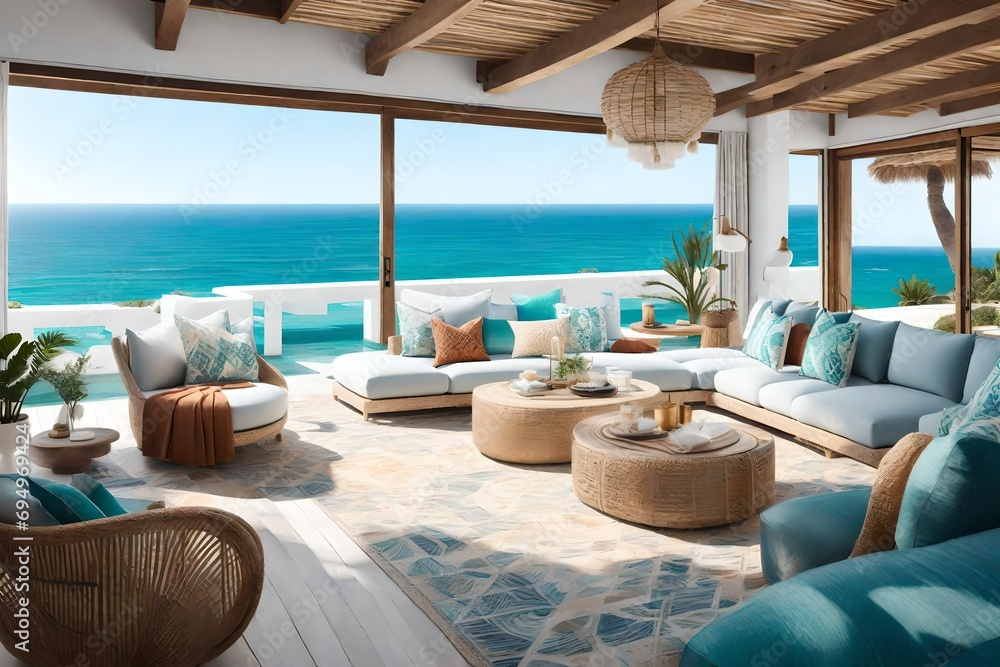 Overlooking the ocean, this lounge combines Bohemian flair with coastal vibes. Low-slung seating, seashell decor, and breezy fabrics make it a perfect seaside retreat. 