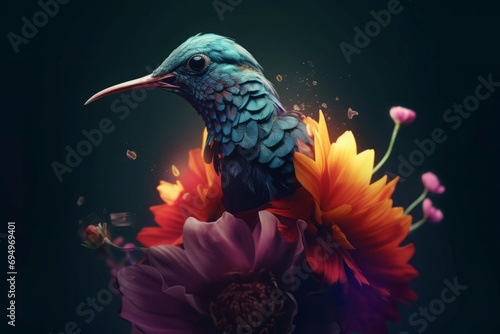 Abstract stylish bird. Pretty and fashionable colibri sitting flowers. Generate AI photo