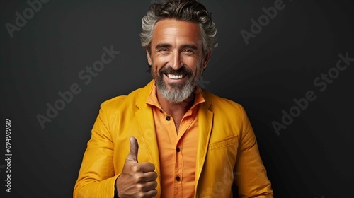 Mature guy with beard and happy smile on black background. Front view portrait of a happy person gesturing thumbs