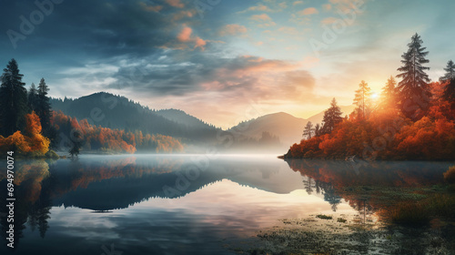 Wonderful Atmothpherical nature landscape. Beautiful scenery of lake in fall. Amazing nature landscape with mountans, lake and magic sky at Autumn morning. Popular travel destination.