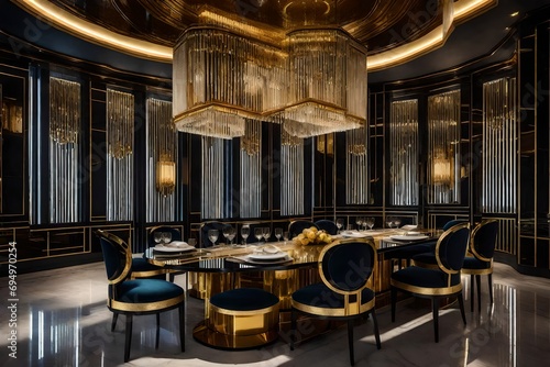An extravagant dining area showcasing the glamour of the Art Deco era, with a sleek table and gilded accents. 