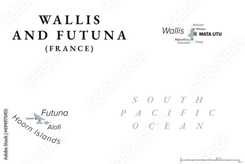 Wallis and Futuna, gray political map. Island collectivity of France in the South Pacific with capital Mata Utu, consisting of 3 main volcanic tropical islands Wallis, Futuna and uninhabited Alofi. photo