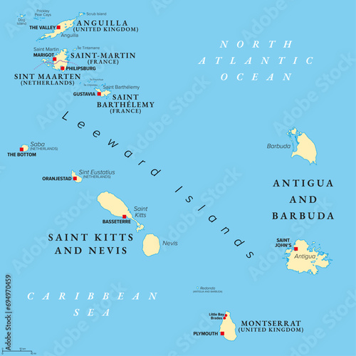 From Anguilla to Montserrat, political map. Islands in the Caribbean, part of Leeward Islands and Lesser Antilles. Anguilla, Saint Martin, Saint Kitts and Nevis, Antigua and Barbuda, and Montserrat. photo