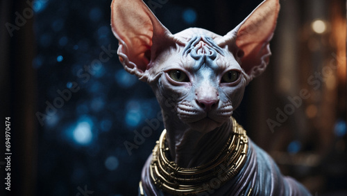 Sphynx cat alien character. Portrait of a cat alien from other galaxy on futuristic background