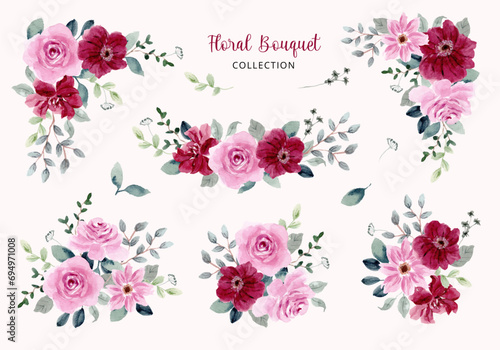 red pink watercolor floral bouquet collection
