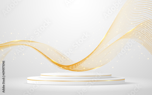White podium with elegant gold wave lines on the back for product presentation. Display of cosmetic products. Stage or podium. vector illustration	