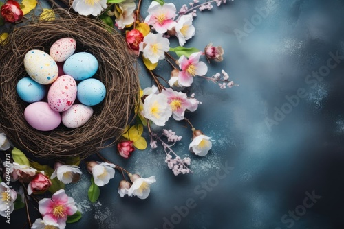 Happy Easter card creative holiday concept with easter eggs in nest spring flowers and candies with copy space for text Flat lay pattern.