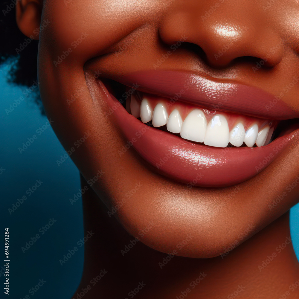 Obraz premium A black womans teeth with a smile on her face closeup on solid blue bright background. ai generative