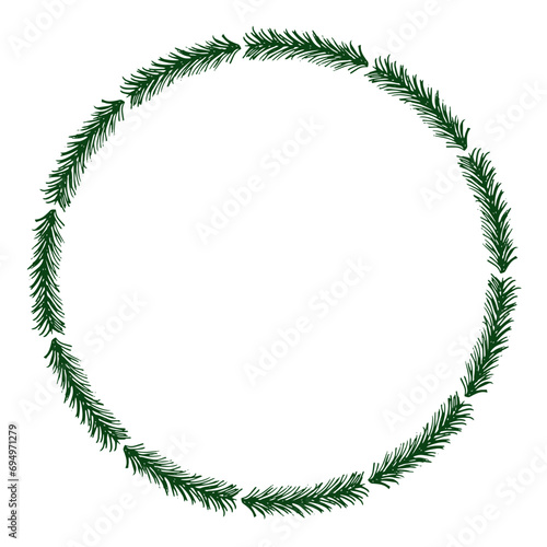 Spruce thin branches frame. Christmas festive delicate Circle border with empty space. Green round frame.