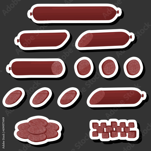 Illustration on theme big set different types delicatessen meat sausages