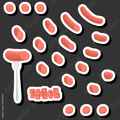 Illustration on theme big set different types delicatessen meat sausages