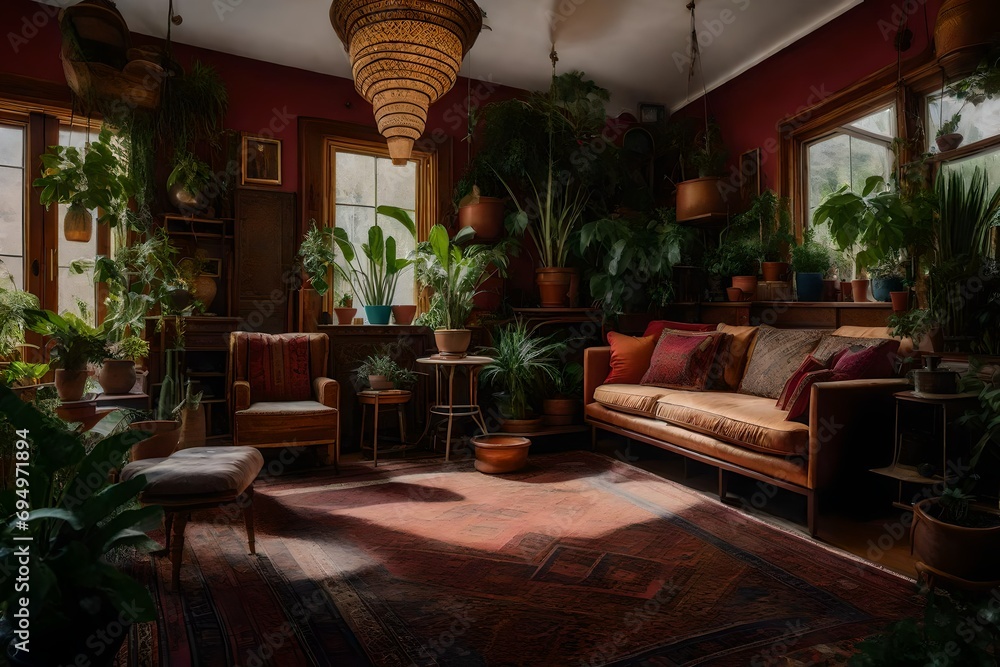 A lounge filled with mismatched vintage furniture, Persian rugs, and an array of potted plants. It's a Bohemian paradise that invites you to explore and relax. 