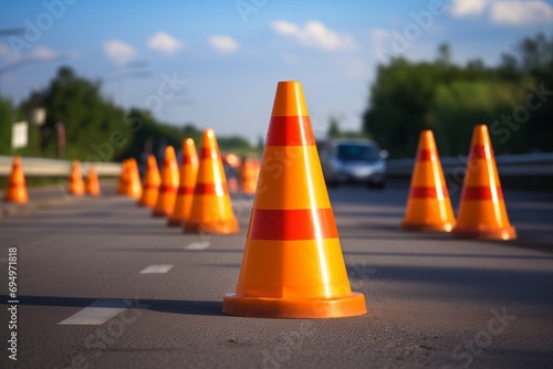 Cones on the road. Security, and prevention image concept.