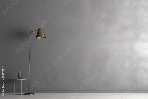 Minimal abstract gray background for presentation. Metal black lamp on the background of a plastered wall.