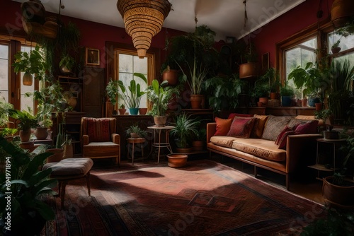 A lounge filled with mismatched vintage furniture, Persian rugs, and an array of potted plants. It's a Bohemian paradise that invites you to explore and relax. 
