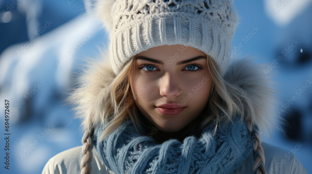 Beauty portrait of beautiful attractive woman, young calm woman at fresh air at winter cold frosty snowy day, enjoying Beauty portrait of beautiful attractive woman, young calm woman at fresh air at winter cold frosty snowy day, enjoying