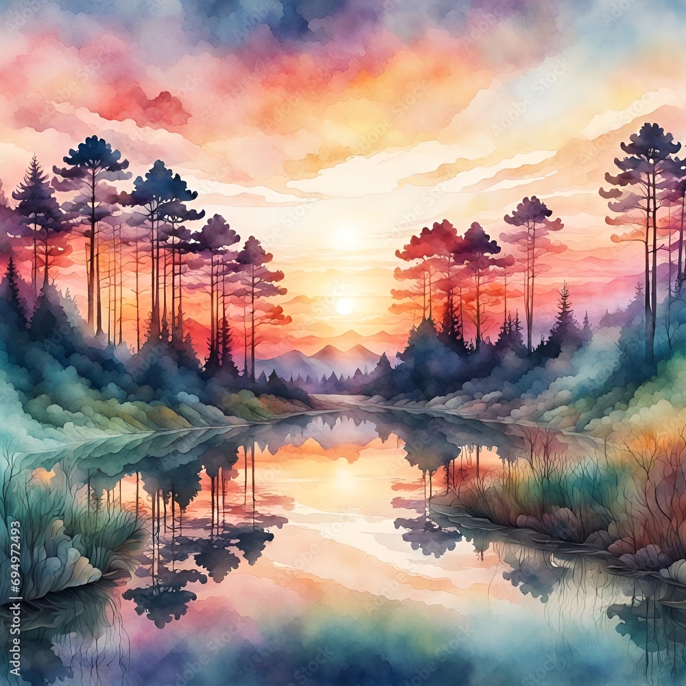 Double exposure reflected Digital watercolour Illustration of a summerscape sunset