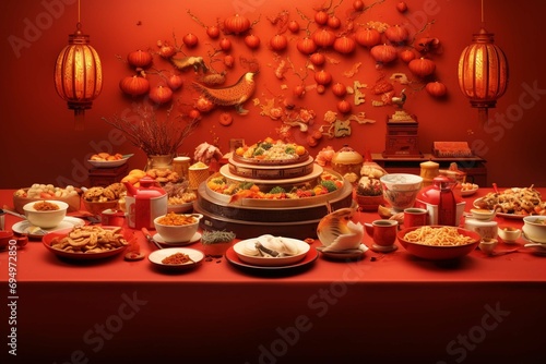Happy Chinese new year. Asian family dinner food for prosperity celebration festival isolated on red decoration traditional festival background