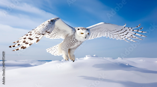 Snowy owl gliding over a snowy tundra, with wings spread, shallow field of view.

