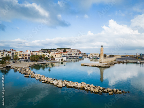 Old harbor and lighthouse of Rethymno in Crete, Greece.