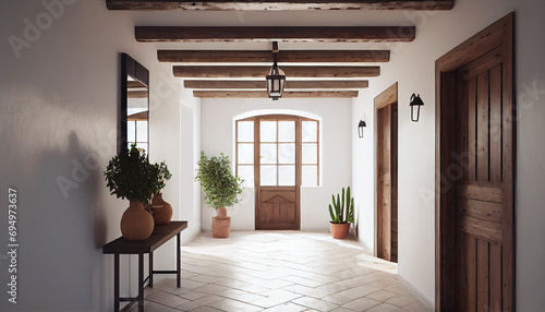White stucco wall and ceiling with wooden beams in farmhouse hallway. Rustic style interior design of boho entrance hall in country house natural and minimalist background, Ai generated image.