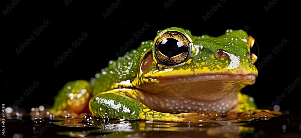 A close-up photo of a green and yellow frog sitting on a lily pad in a ...