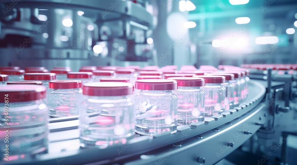 A conveyor belt filled with medicine bottles in a factory, representing mass production and the efficiency of modern Pharmacology manufacturing. A conveyor belt filled with medicine bottles in a factory, representing mass production and the efficiency of modern Pharmacology manufacturing.