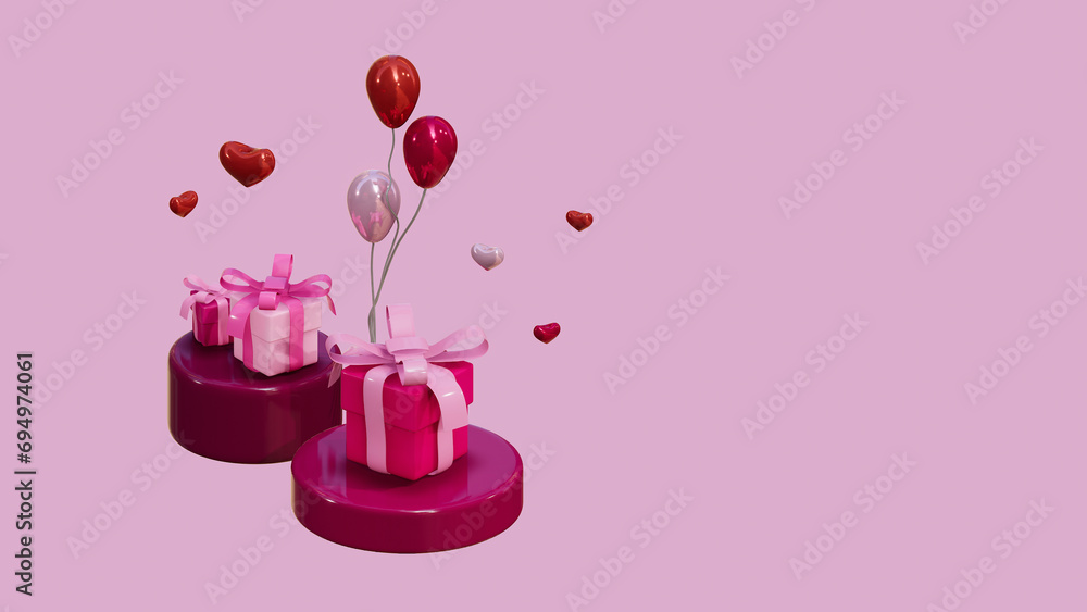 3D rendering of valentine’s day theme, cylinder product display with gift box and heart balloon on pink background 3D rendering of valentine’s day theme, cylinder product display with gift box and heart balloon on pink background