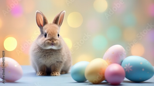 photo of cute Easter bunny with Easter eggs, pastel bokeh background