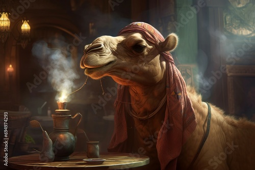 Camel smoking shisha. Dromedary desert caravan animal smokes hookah. Generate ai