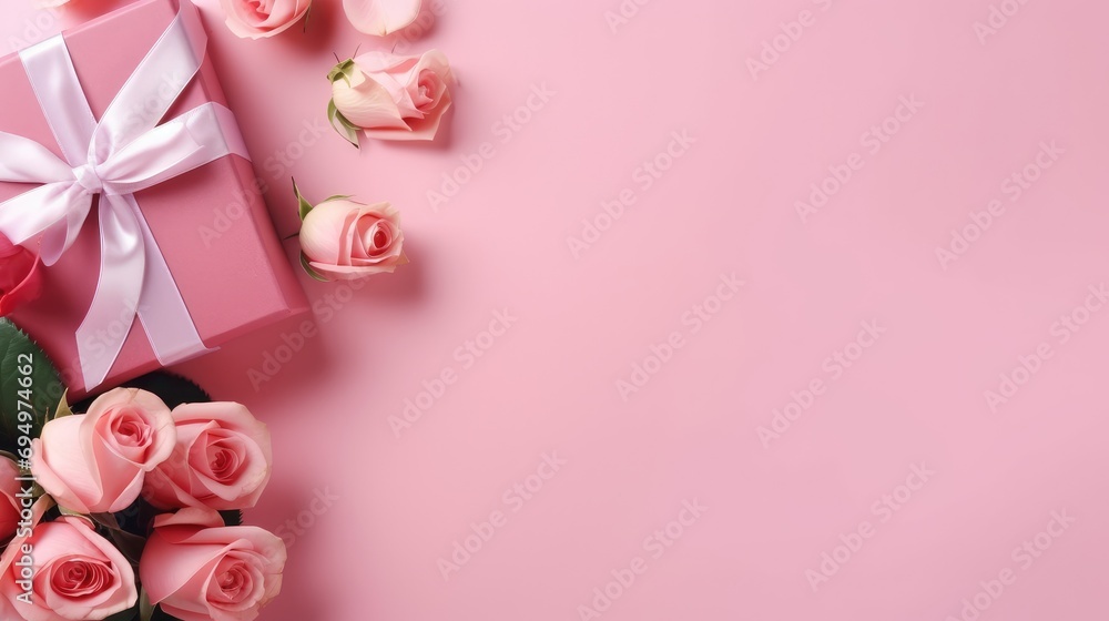 Elegant gift box with a satin ribbon and beautiful pink roses on a light pink background with copy space.