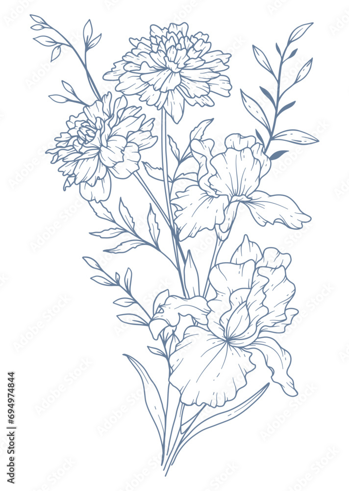 Wildflowers Line Drawing. Black and white Floral Bouquets. Flower Coloring Page. Floral Line Art. Fine Line Wildflowers illustration. Hand Drawn flowers. Botanical Coloring. Wedding invitation flowers
