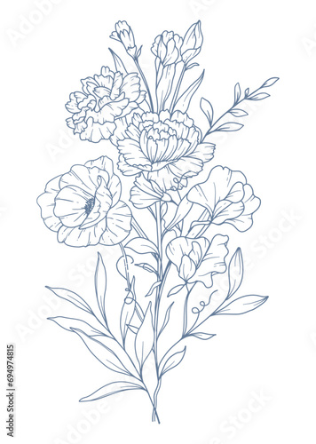 Fototapeta Naklejka Na Ścianę i Meble -  Wildflowers Line Drawing. Black and white Floral Bouquets. Flower Coloring Page. Floral Line Art. Fine Line Wildflowers illustration. Hand Drawn flowers. Botanical Coloring. Wedding invitation flowers