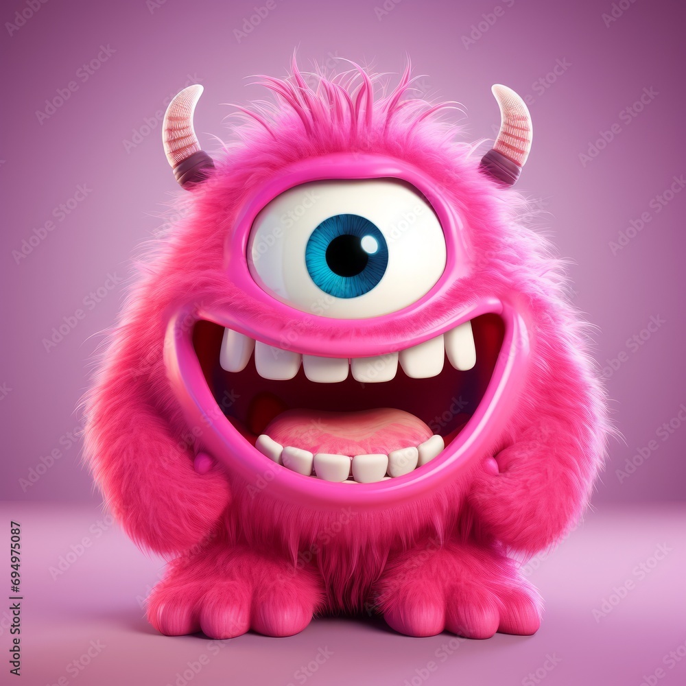 Cheerful Pink Furry Monster with a Big Smile Illustration, Perfect for Children's Books and Animated Content