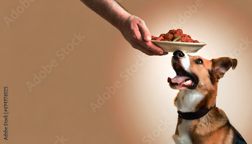 Fényképezés domestic dog and cheerful pet receiving food from his master