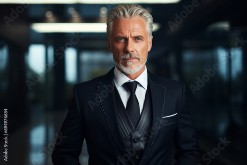 Elegant adult man with white hair dressed in a formal black suit with a white shirt and tie. Business concept