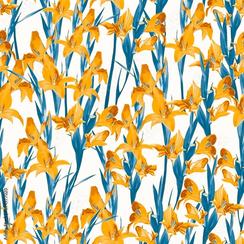 Orange and blue lilies on a white background