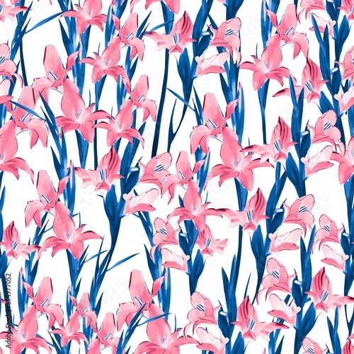 Pink and blue lilies on a white background
