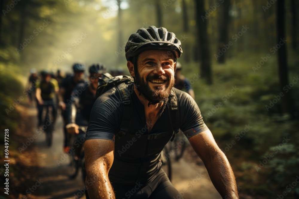 Forest adventure: A group of mountain bikers rides through nature, uniting camaraderie, skill, and the thrill of off-road exploration Forest adventure: A group of mountain bikers rides through nature, uniting camaraderie, skill, and the thrill of off-road exploration