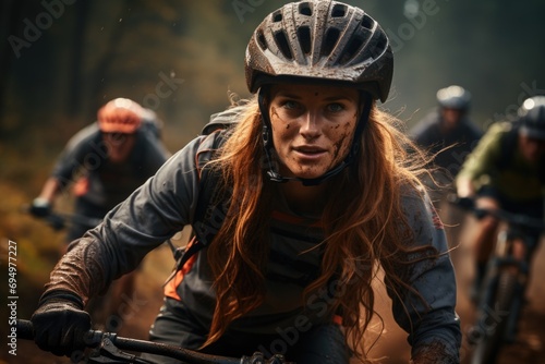 Forest adventure: A group of mountain bikers rides through nature, uniting camaraderie, skill, and the thrill of off-road exploration