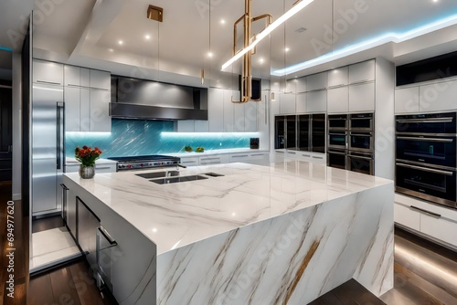 This contemporary kitchen doesn't shy away from technology. Smart appliances, integrated sound systems, and automated lighting can all be controlled with the touch of a button. photo