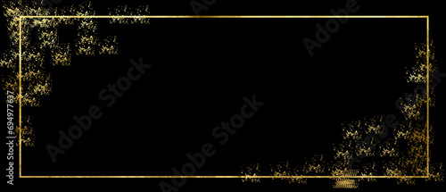 Gold Foil Frame shimmer gold splatter frames glitter,Gold stroke on black background.Blurred shiny, glowing festive wallpaper for party, holiday, invitation.