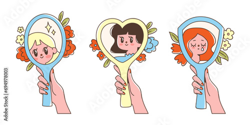Girls looking at their reflections in mirrors. Vector illustration of self love concept. Female hands holding mirrors in cute flat style. Hand drawn elements.